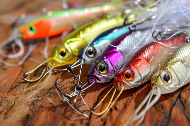 Colorful fishing baits with net on wooden desk