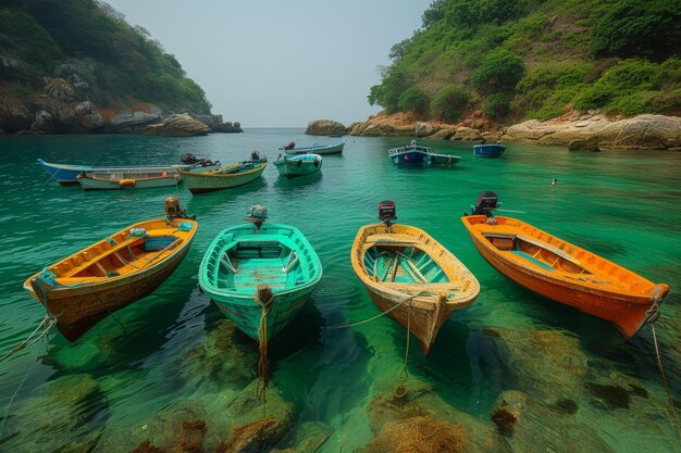 Colorful fishing boats on the Atlantic coast and turquoise water