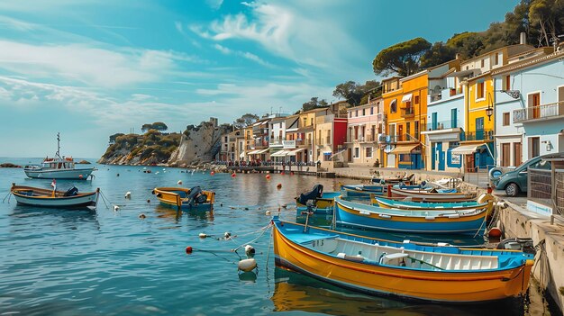 The colorful fishing boats docked in the calm harbor create a beautiful and peaceful scene