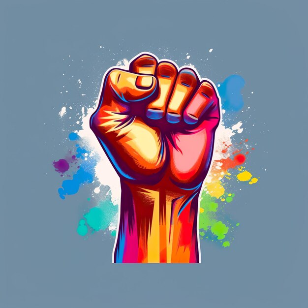 A colorful fist with a rainbow colored background