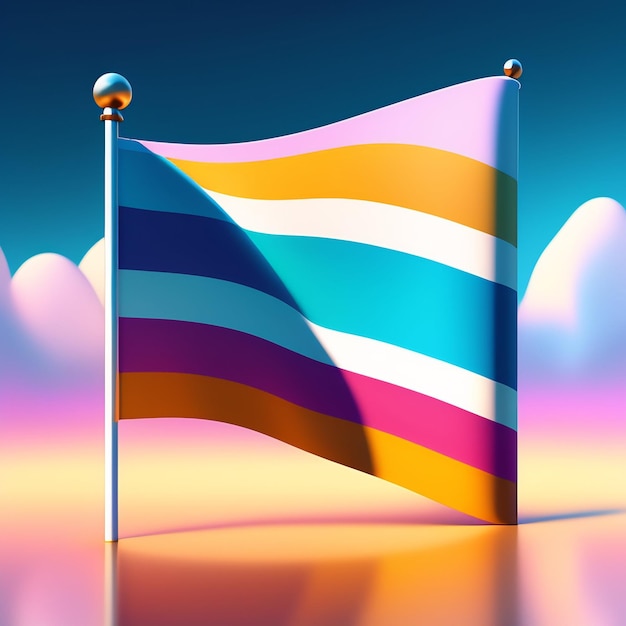 A colorful flag is in front of a colorful sky.