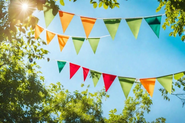 colorful flags are hanging from a tree in the sun