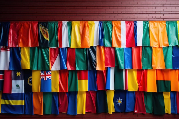 Photo colorful flags from around the world draped side by side