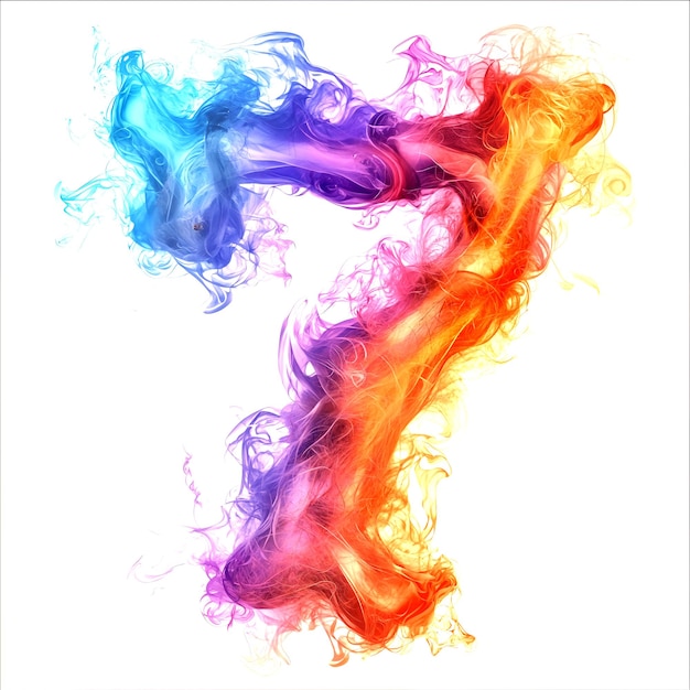 A colorful flames numeral 7 on a white background