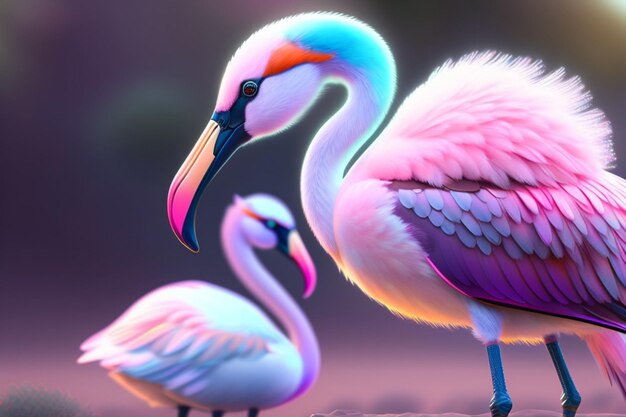 A colorful flamingo with a pink beak stands next to another flamingo.