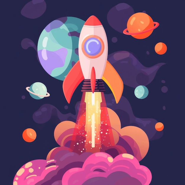 Colorful flat cartoon 3D space expedition