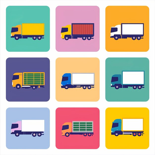 Photo colorful flat design truck icons in various styles and backgrounds for transportation and delivery themes