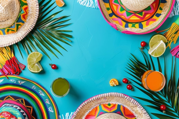 A colorful flat lay featuring a traditional Mexican sombrero citrus fruits