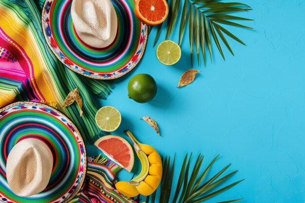 A colorful flat lay featuring a traditional Mexican sombrero citrus fruits