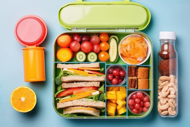 A colorful flatlay view of a packed lunch box