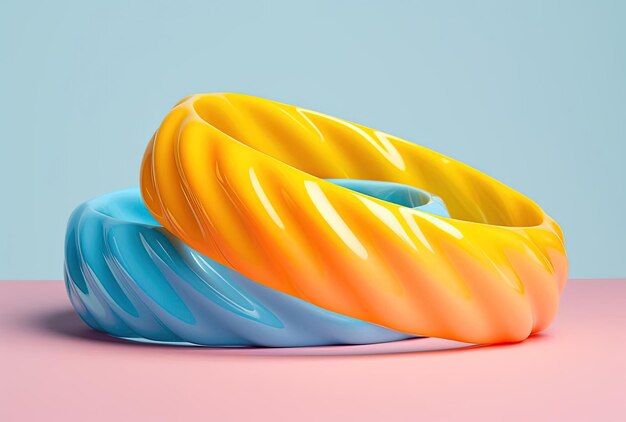 Photo colorful flexible bands isolated on yellow background in the style of hyperrealistic details