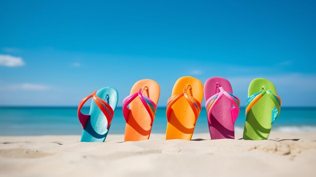 Colorful flip flop on sandy beach sea and blue sky background Generative ai