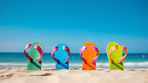 Colorful flip flop on sandy beach sea and blue sky background Generative ai