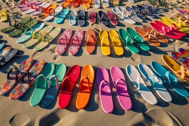 Colorful flip flops are arranged in a circle on the sand.