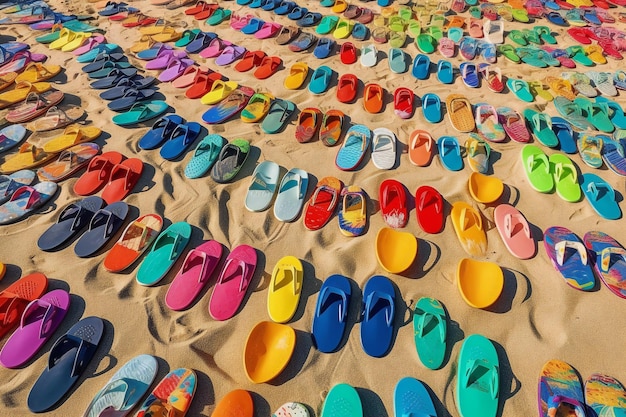 Colorful flip flops are laid out on the sand in front of a beach.