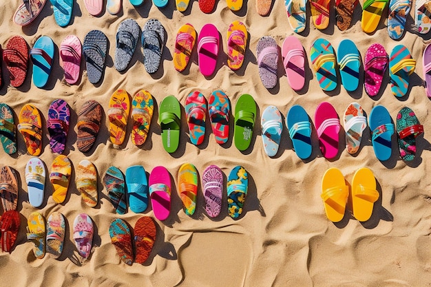 Colorful flip flops on the sand in the sand