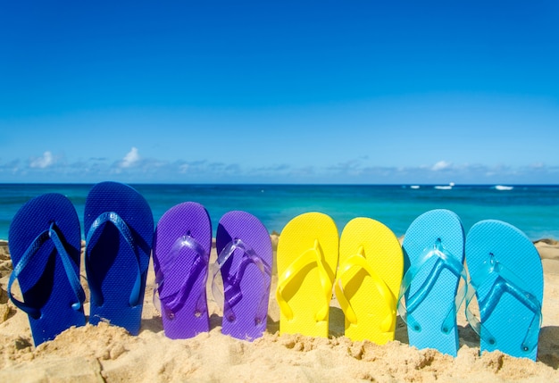 Colorful flip flops on the sandy beach