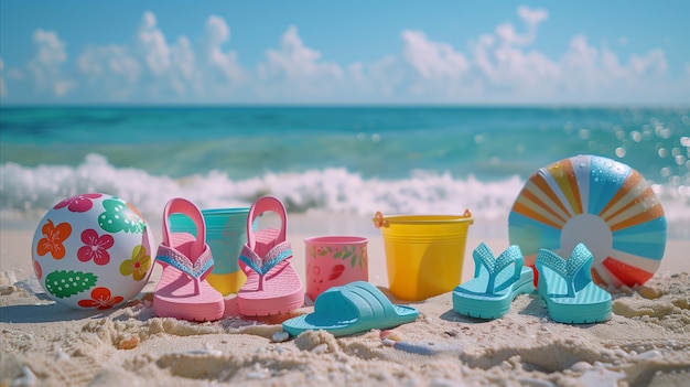 Colorful flipflops and beach toys on sandy shore