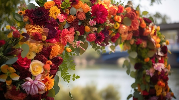 A colorful floral arch is decorated with flowers and leaves.