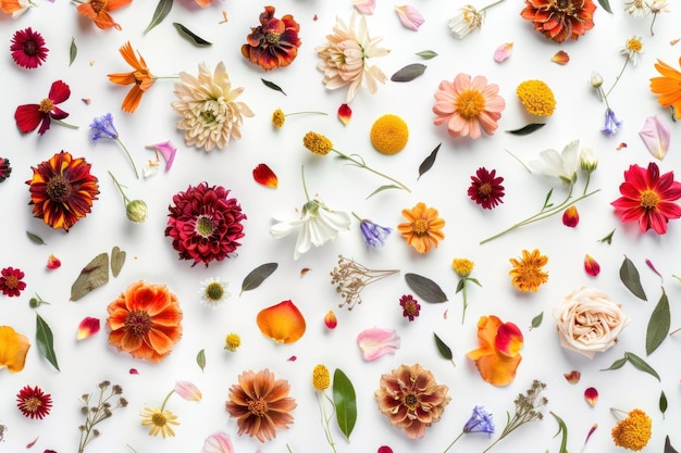colorful floral arrangement flat lay on a white background with various flowers and leaves