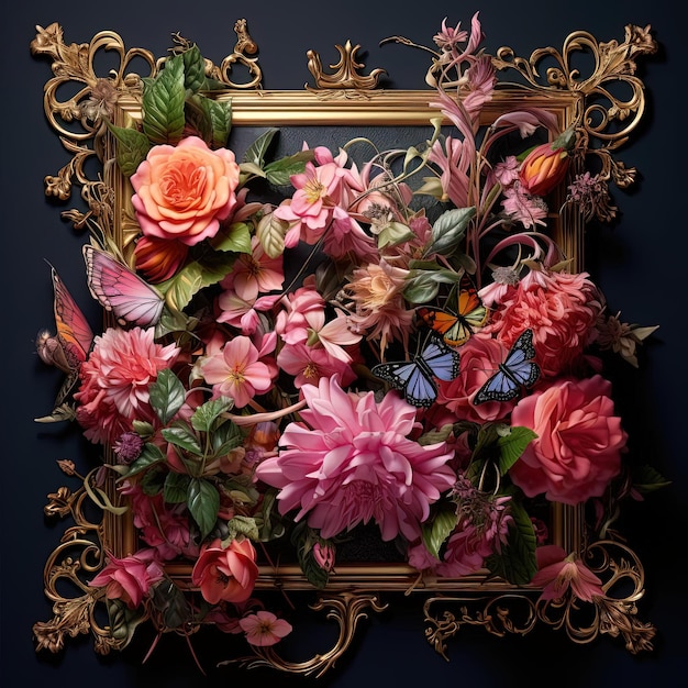 a colorful floral arrangement made of flowers thorns and butterflies