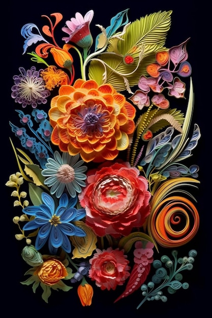 A colorful floral arrangement with a black background.