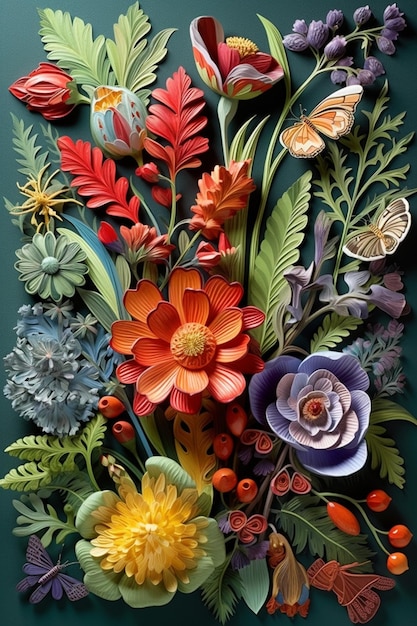 A colorful floral arrangement with flowers and leaves.