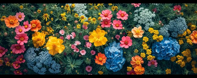 色とりどりの花の背景 鮮やかな花畑が満開にいています