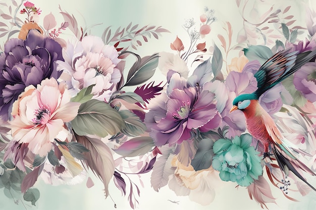 A colorful floral background with a bird on a floral background.