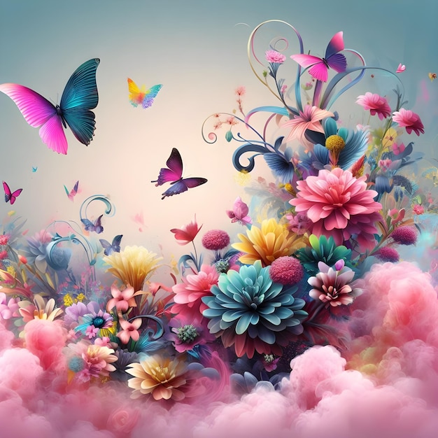 Photo colorful floral background with butterflies and space for text vector illustration
