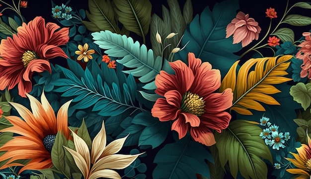A colorful floral background with a flower and leaves.