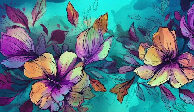 A colorful floral background with flowers and leaves.