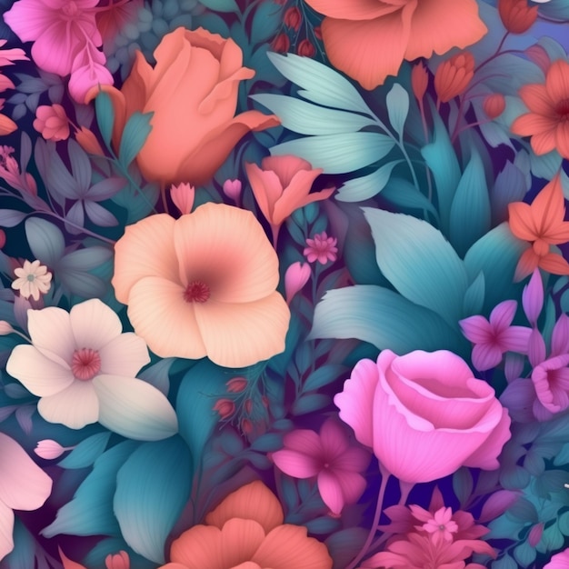 A colorful floral background with a pink and blue flowers.