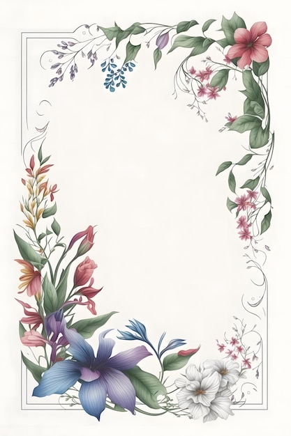 白い背景にカラフルな花柄のボーダーが表示されます。
