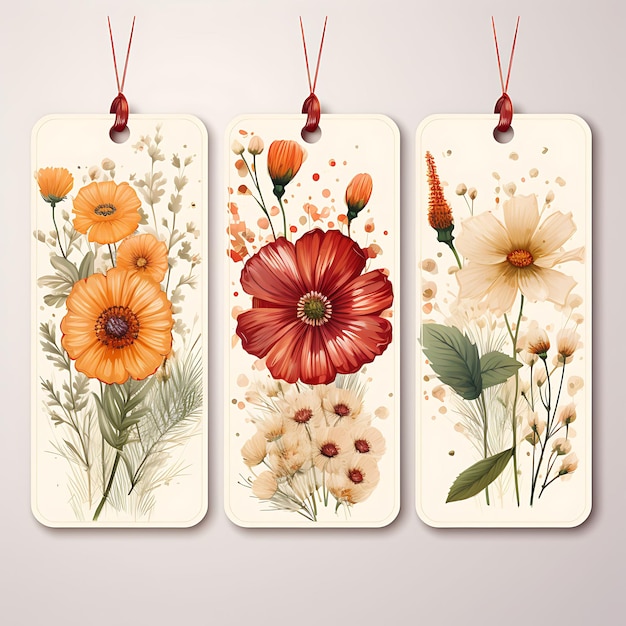 Foto colorful of floral boutique tag card pressed flower tag card flower shape sketch stile acquerello