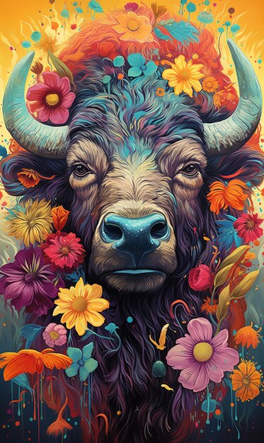 Photo colorful floral buffalo on abstract poster style naive art