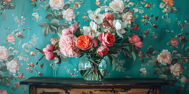 Colorful floral centerpiece in vase enhancing wooden table amidst vibrant wallpaper Concept Elegant Home Decor Vibrant Floral Centerpiece Enhancing Wooden Table Colorful Wallpaper