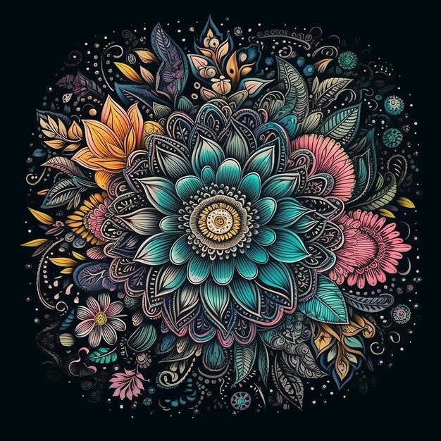 A colorful floral design with a black background.