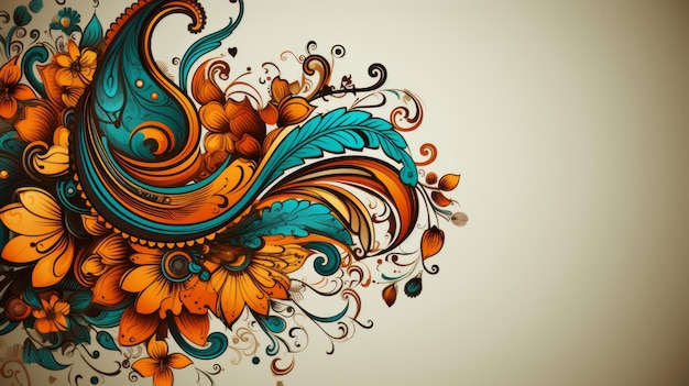 Colorful floral design with swirls and swirls on a beige background