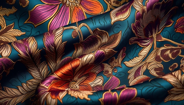 A colorful floral fabric with a purple and orange flower pattern.