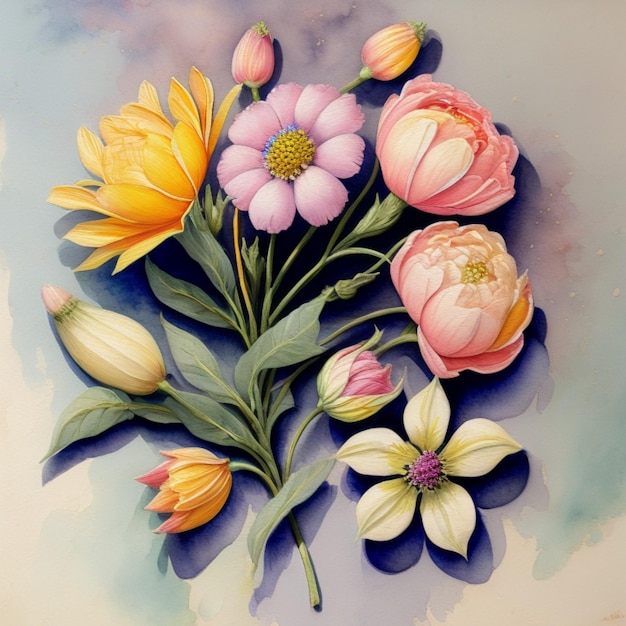 colorful floral flowers in a watercolor style drawn on a textured background in matte pastel colors