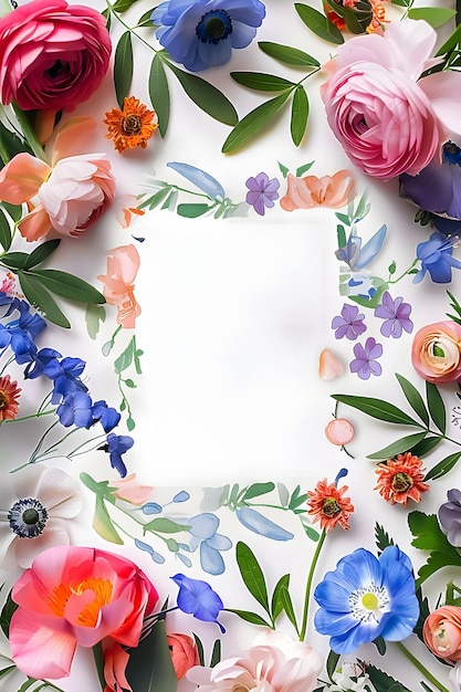 Photo a colorful floral frame with a white paper