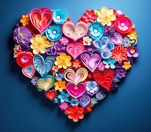 Colorful Floral Heart on Blue Background