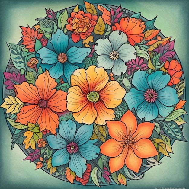 A colorful floral illustration with a blue circle with orange flowers in the center.