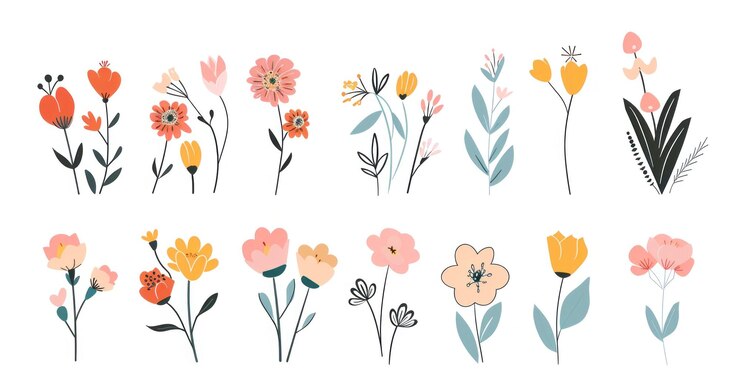 Photo 白い背景に細な近代的なスタイルのカラフルな花のイラスト