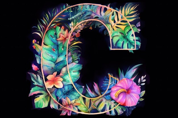 A colorful floral letter g with a black background.