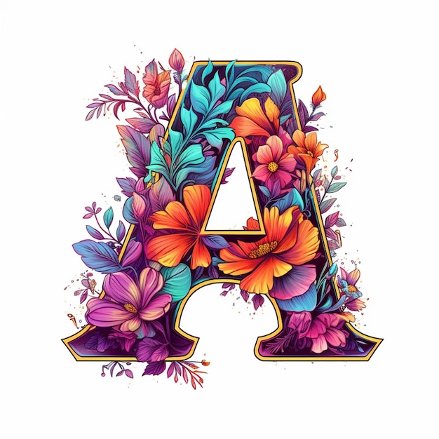 Photo a colorful floral letter a with flowers and leaves generative ai