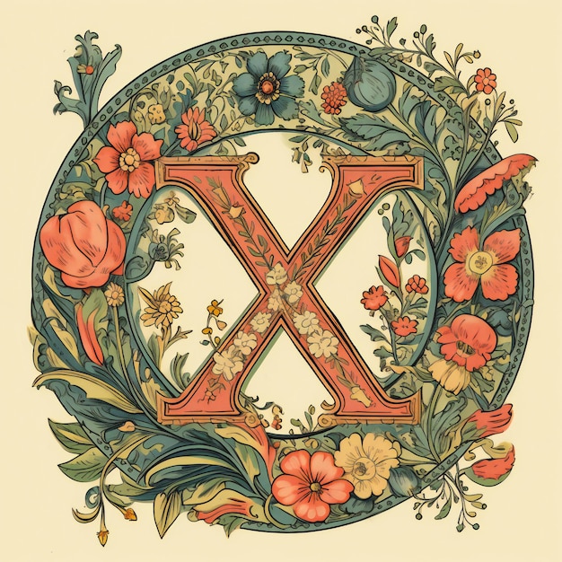 Красочная цветочная буква x отображается в цветочном узоре.