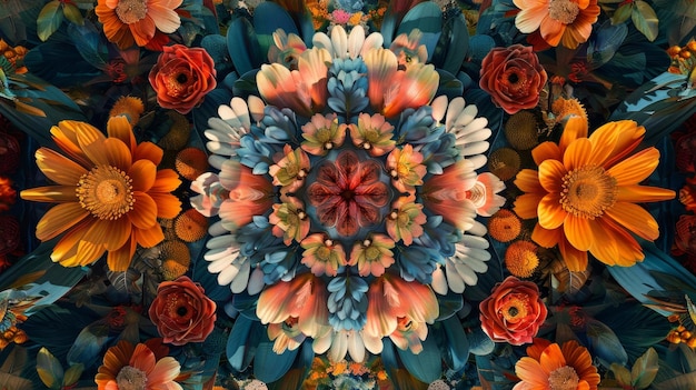 Colorful floral mandala with a mix of vibrant orange blue and white flowers