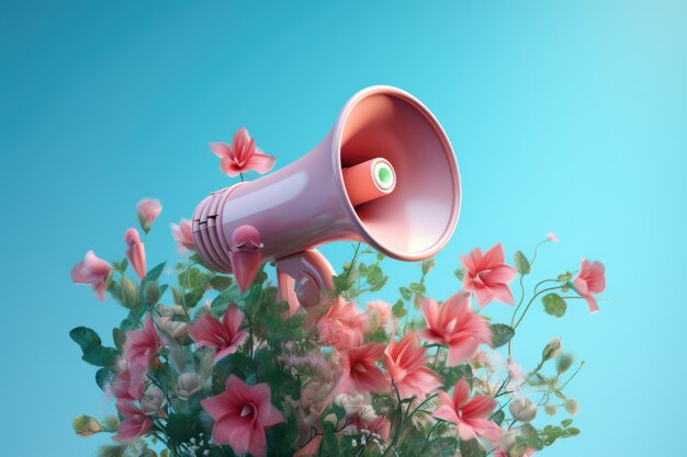 Colorful floral megaphone against blue background Minimal nature ad